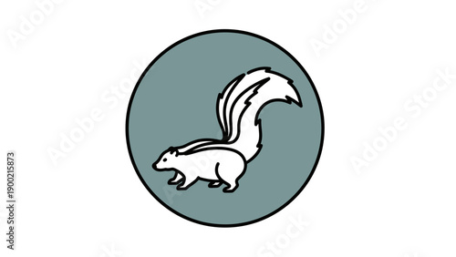 A skunk illustration enclosed in a teal circle on white background. Black outlines used