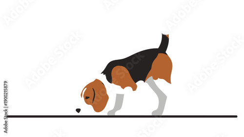 A stylized dog, head down, sniffing a line. The dog is in shades of black, brown, and grey