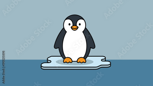 Cartoon penguin standing on an ice floe against a two-tone blue background