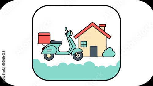 Vector illustration depicts a scooter delivering to a house with clouds in a rounded square