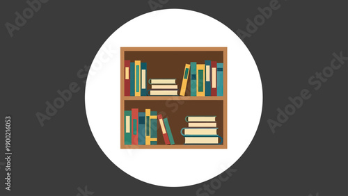 A book shelf in a circle on a dark background. Books are arranged in rows