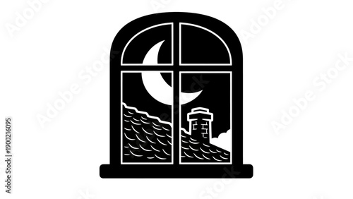 A silhouetted view through a window reveals a crescent moon, roof, and chimney