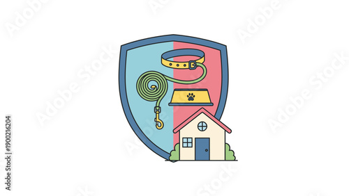 An illustrated image of pet care elements inside a shield, with a house