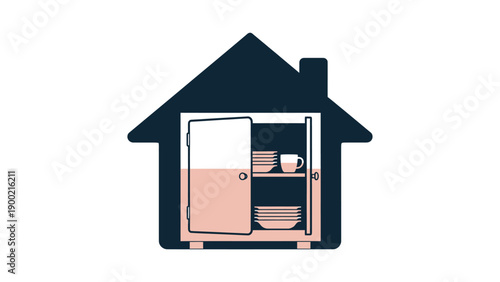 House-shaped illustration showing a cabinet open, filled with dishes and a mug