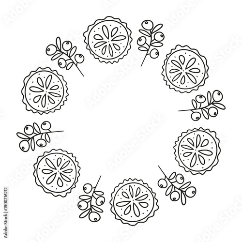 Cute round wreath with doodle outline sweet pies and blueberries isolated on white background.