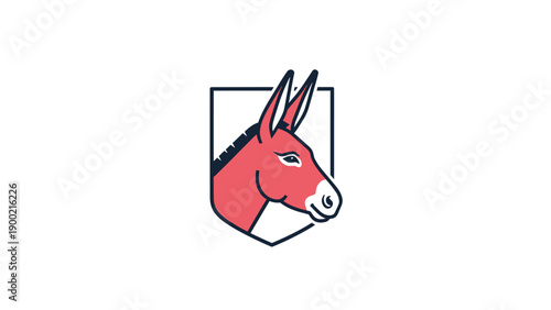A stylized donkey head in profile, contained within a shield, colored red and navy