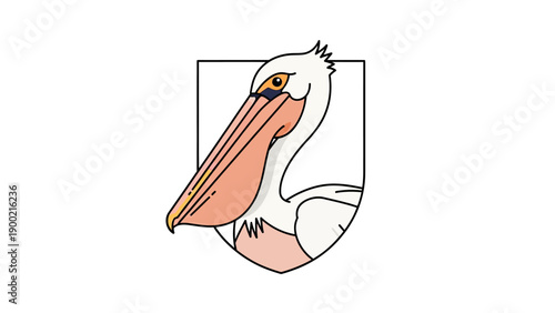A simple, outlined illustration of a pelican in a crest shape, with muted colors