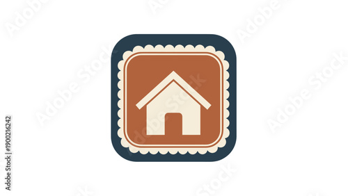 An illustrative icon of a house, set within a scalloped-edge rectangle, centered on a white backdrop