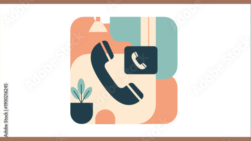 A modern illustration of a phone, plant, and lamp inside an abstract, stylized office