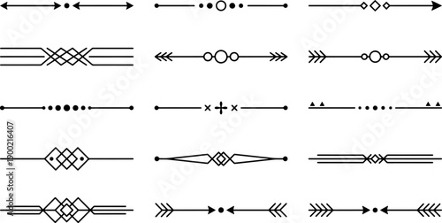 minimal decorative divider and separator collection with thin lines geometric ornaments arrows and dots for typography layouts and editorial graphic design use
