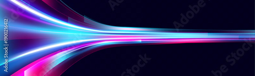 Futuristic laser-like neon stripes curve across dark digital scene. Motion blur and glowing highlights enhance depth and speed effect. Perfect for sci-fi banners and posters.