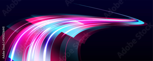 Neon curved speed lines flow along dark transparent background. Glowing highlights and motion blur convey futuristic acceleration. Ideal for banners, posters, and tech designs.