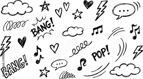 hand drawn comic doodle symbol set with clouds lightning bolts hearts stars music notes speech bubbles motion lines and bang pop words in black and white sketch style