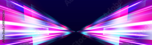 Pink and magenta curved speed trails sweep across black background. Dynamic motion and glowing highlights create futuristic energy effect. Perfect for banners and posters.