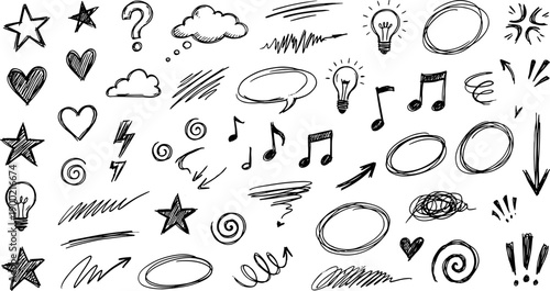 hand drawn doodle symbol collection with stars hearts question marks clouds light bulbs music notes speech bubbles and expressive sketch elements in black and white style