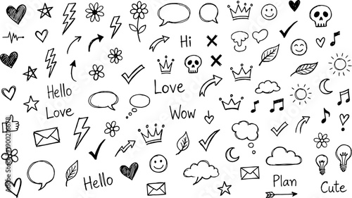 hand drawn doodle background with playful icons words hearts lightning stars speech bubbles music notes and love messages in black and white sketch style