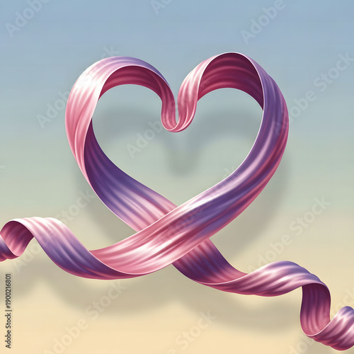 Flowing pink and purple silk ribbon forming heart shape on pastel gradient background elegant Valentine's Day concept with twisted satin fabric creating romantic symbol .