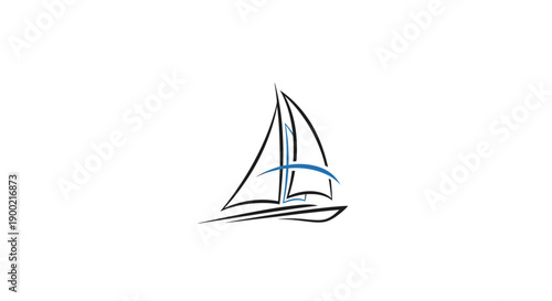 Stylized Sailboat Outline Sailing on Water, Minimalist Nautical Icon on Isolated White Background