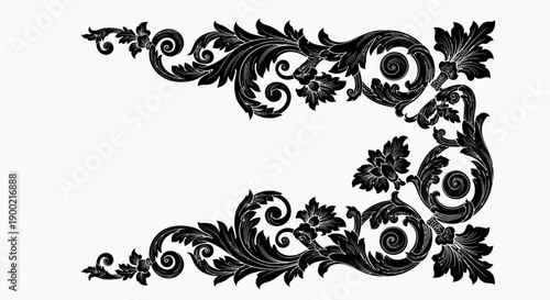 Highly Detailed Black Floral Corner Ornament Decor Isolated on White Background