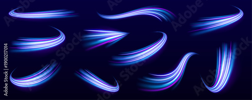 Neon blue and cyan streaks twist along curved paths with glowing highlights. Motion blur conveys speed and futuristic acceleration. Perfect PNG for sci-fi, cyber, and tech designs.