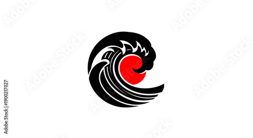 Minimalist Black Wave and Red Sun Circle Logo Design on Isolated White Background