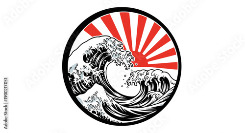 Traditional Japanese Great Wave and Rising Sun Circle Design on Isolated White Background