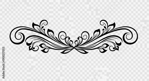 Detailed Black Floral Decorative Horizontal Border Element on Transparent Background
