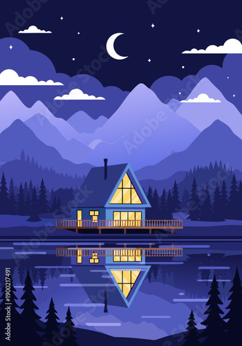 Serene Mountain Lake Cabin at Night A Beautiful Vector Illustration with a Reflecting House