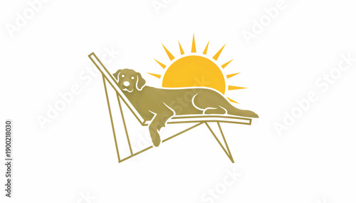 Dog relaxing on a lounge chair in the sun. Summer vacation and pet care concept. Vector logo illustration
