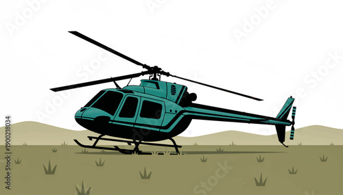Helicopter landed in grassy field. Aviation transport and emergency landing concept. Flat design vector illustration