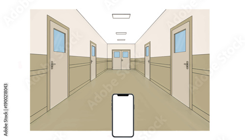 Empty school hallway corridor with closed classroom doors. Smartphone mockup with blank screen. Flat vector illustration