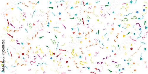 Bright background with vibrant confetti and colorful party streamers vector illustration for birthday celebration festive holiday and anniversary on a transparent background.