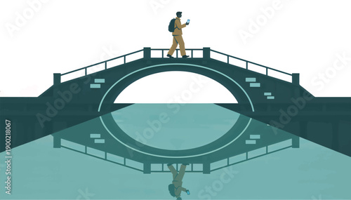 Tourist walking on bridge over canal. Travel and navigation concept with smartphone. Flat design vector illustration