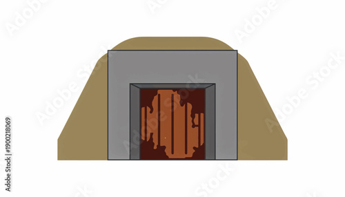 Old concrete bunker entrance with rusted metal door. Military shelter built into earth mound. Flat vector illustration