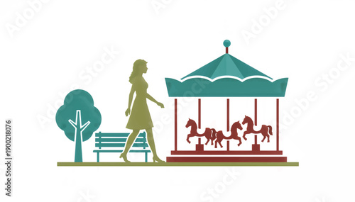 Woman walking in city park near carousel. Urban leisure and recreation concept. Flat design vector illustration