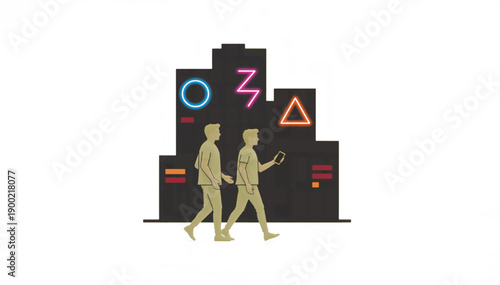 Two men walking in city at night with neon signs. Urban lifestyle and technology concept. Flat vector illustration