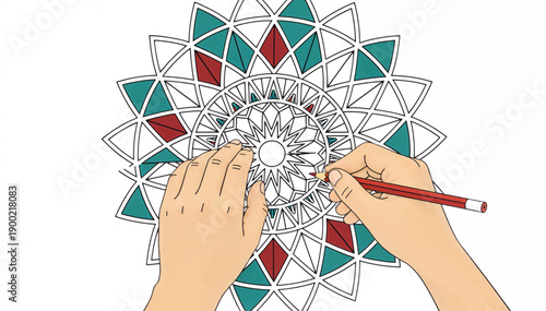 Hands coloring geometric mandala pattern with pencil. Art therapy and creativity concept. Flat vector illustration