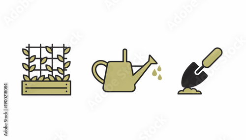 Gardening tools and plant icon set. Watering can, trowel, and planter box symbols. Flat line vector illustration