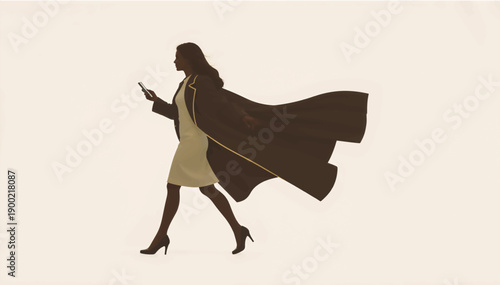 Stylish woman walking with long coat blowing in the wind. Fashion vector illustration holding smartphone