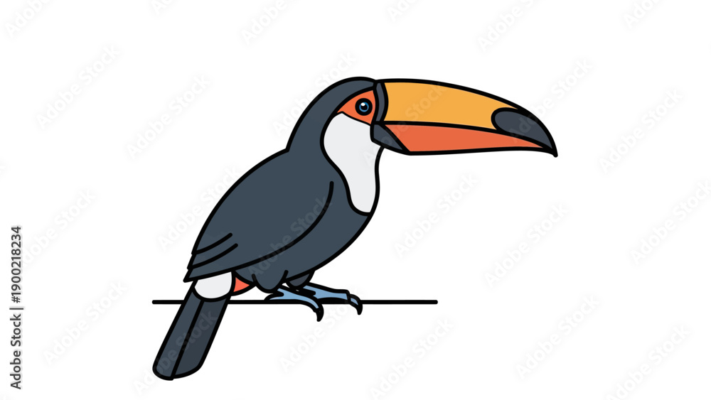 Obraz premium A cartoon toucan, side view, perched on a branch, with a large beak