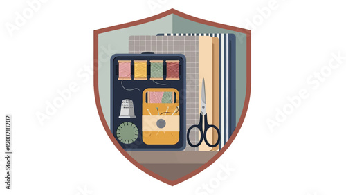 A sewing kit image inside a shield, includes threads, thimble, scissors, needles, and cutting board