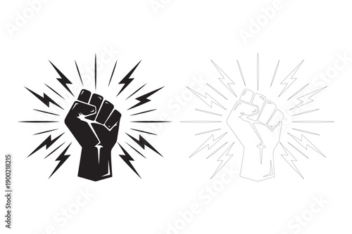 Raised fist with lightning bolts, protest symbol, black and white