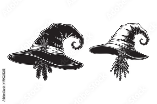 Witch hats with herbs, vintage illustration, black and white