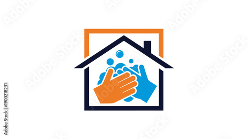 A house icon showing hands washing with soap and bubbles, framed with an orange and blue