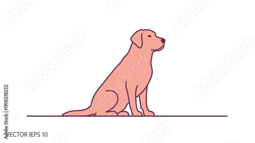 Flat design illustration of a dog, peach color with purple outline, sitting, facing right