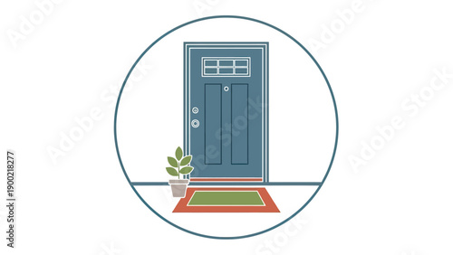 A teal front door with sidelights, a potted plant, and a welcome mat, all inside a circle