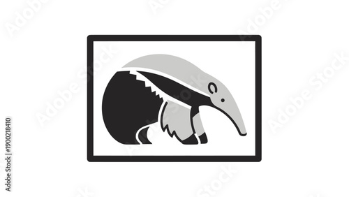 A stylized, grayscale anteater graphic within a rectangular frame. Simple, modern design