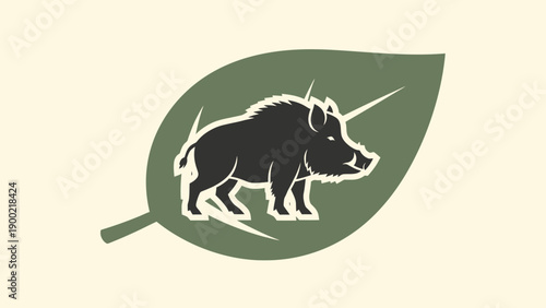 A stylized illustration depicting a black boar inside a green leaf shape on a beige background