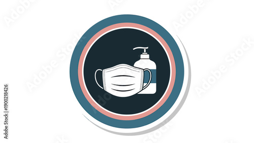 Circle icon featuring medical mask and sanitizer. Dark blue background within a circle shape