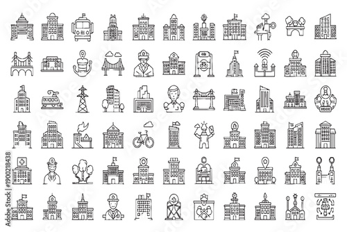 Hand Drawn City Buildings and Urban Infrastructure Line Icons Set